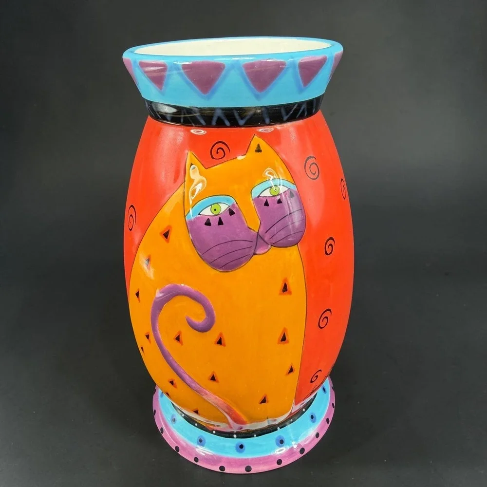 Laurel Burch for Ganz Ceramic Cat Vase Red Orange Whimsical Art BC8025 6in